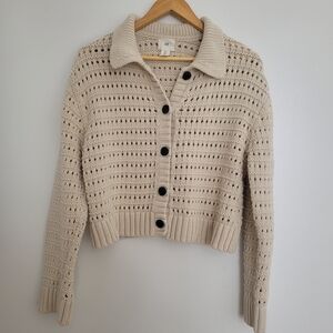 H&M Beige Button-Up Women's Cardigan Crochet Size L Cottagecore Chunky